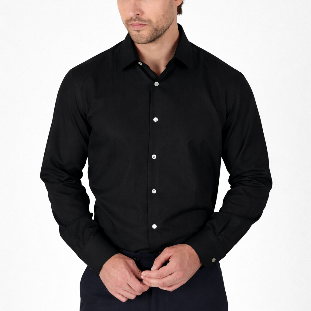 Long Sleeve Stiff Collar Pocketless Comfort Fit Cotton Shirt 1004250914