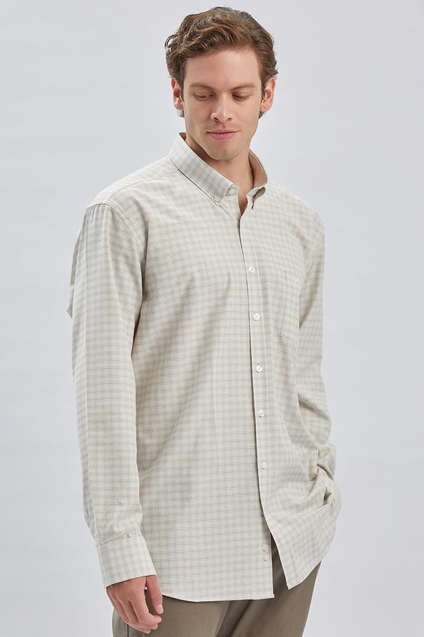 Beige Long Sleeve Checked Pocket Trim Comfort Fit Shirt 1004240228