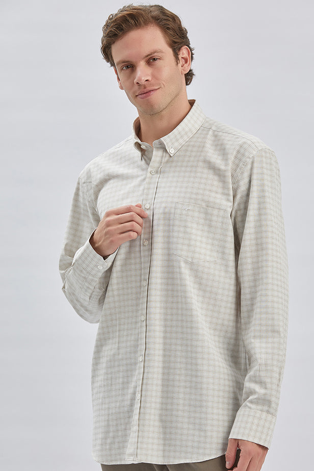 Beige Long Sleeve Checked Pocket Trim Comfort Fit Shirt 1004240228