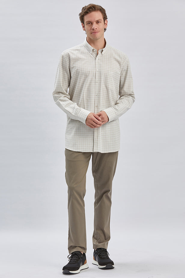 Beige Long Sleeve Checked Pocket Trim Comfort Fit Shirt 1004240228