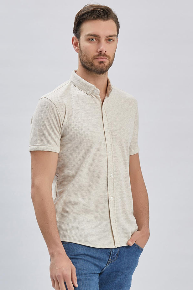 Cream Short Sleeve Self Patterned Jacquard Slim Fit T-Shirt 1011240150