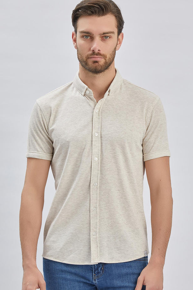 Cream Short Sleeve Self Patterned Jacquard Slim Fit T-Shirt 1011240150