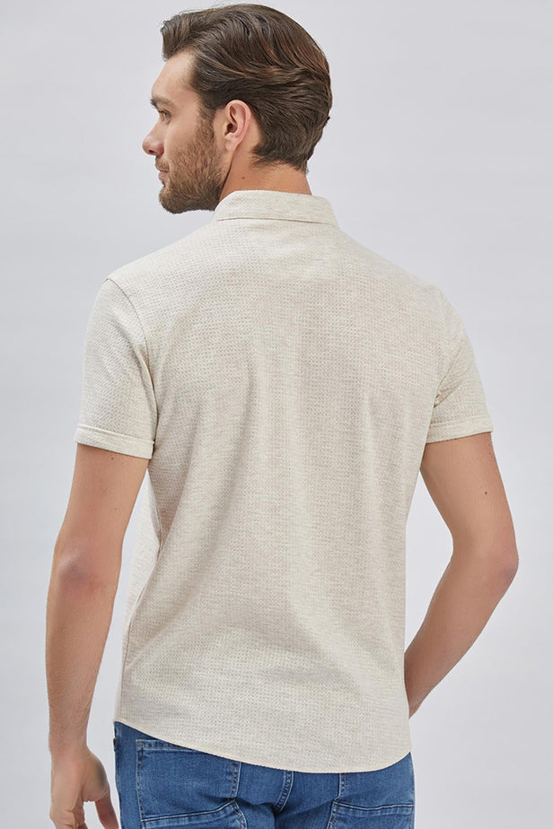 Cream Short Sleeve Self Patterned Jacquard Slim Fit T-Shirt 1011240150