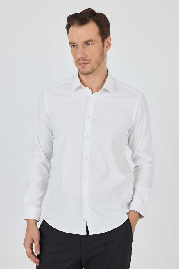 Long Sleeve Gabardine Hard Collar Pocketless Slim Fit Stretch Shirt 1004250234