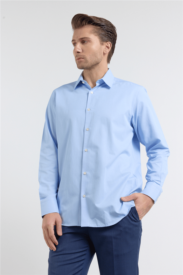 Light Blue Long Sleeve Hard Collar Pocketless Comfort Fit Shirt 1004255914