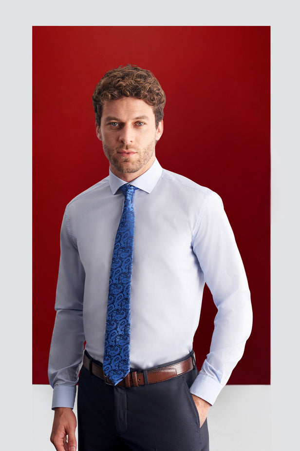 Half Italian Collar Long Sleeve Easy To Iron Slim Fit Cotton Shirt 1004255301