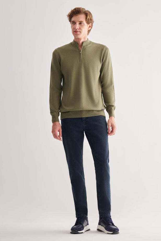 Zippered Stand Collar Long Sleeve Pocketless Comfort Fit Cotton Knitwear 1012255201
