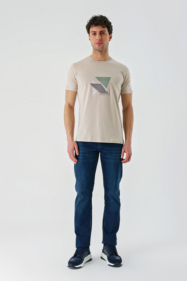 Dark Beige Printed Crew Neck Casual Slim Fit T-Shirt 1011240168