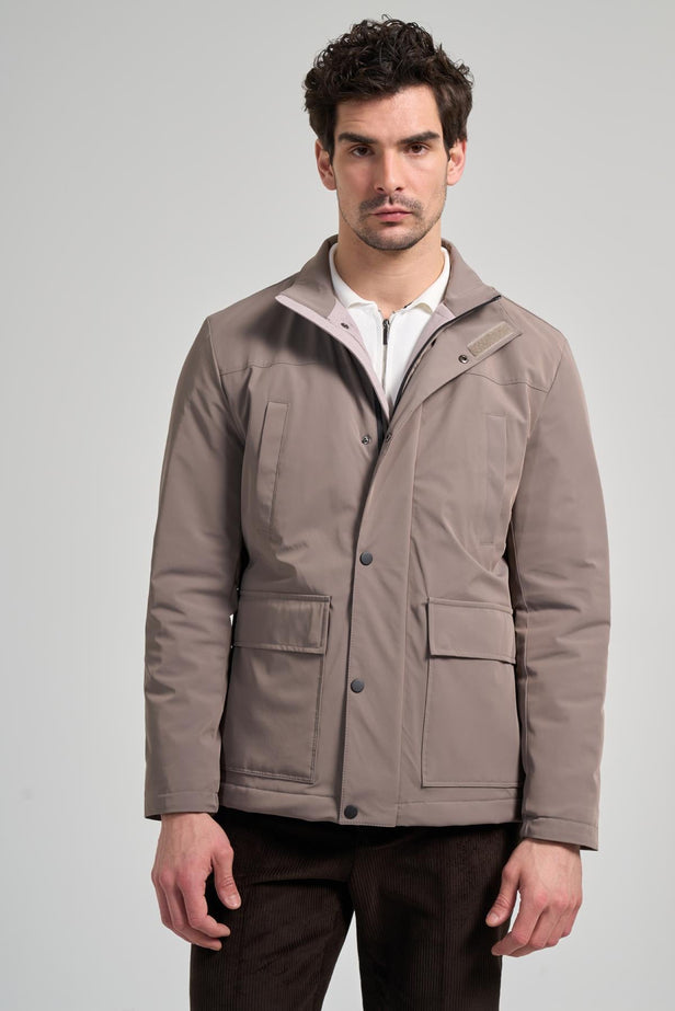Dark Beige Stand Collar Side Pocket Padded Standard Fit Casual Coat 1007245166