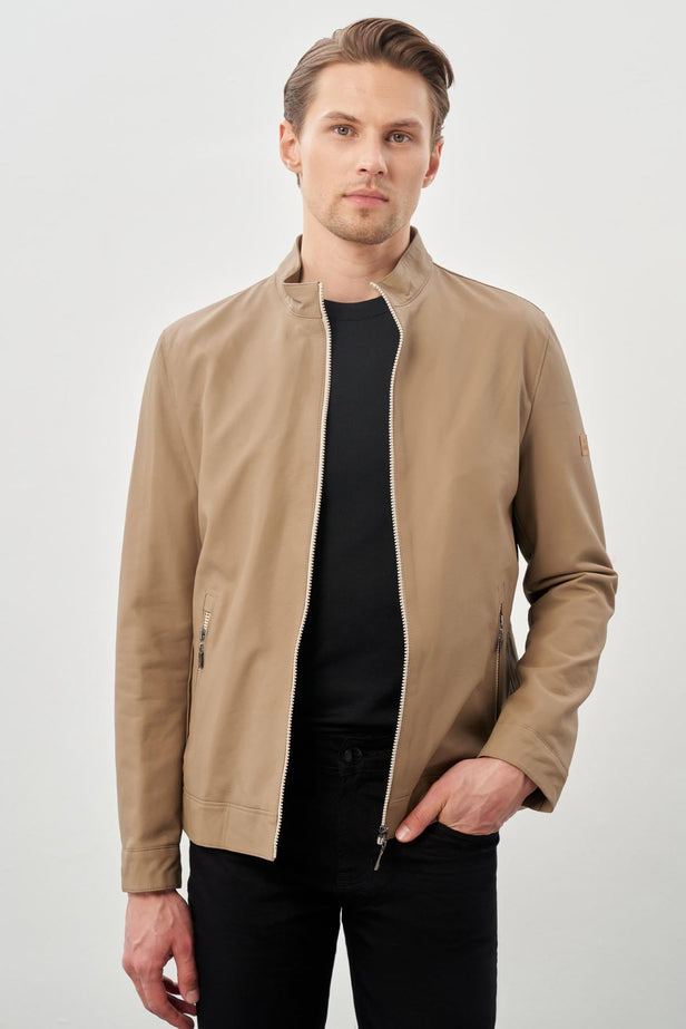 Faux Leather Stand Collar Full-Lined Slim Fit Casual Jacket 1038245152