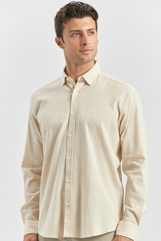 Long Sleeve Embossed Trimmed 100% Cotton Casual Slim Fit Shirt 1004240247