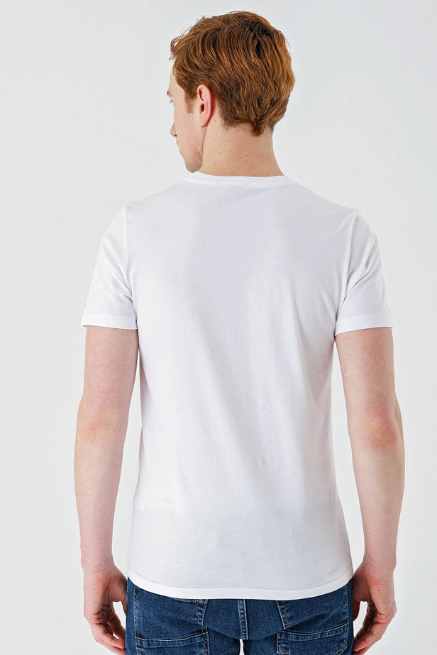 White Short Sleeve Printed Crew Neck Pocket Slim Fit Cotton T-Shirt 1011240179