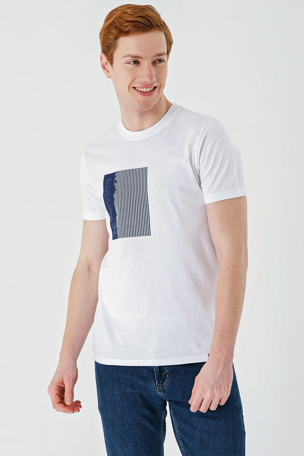 White Short Sleeve Printed Crew Neck Pocket Slim Fit Cotton T-Shirt 1011240179