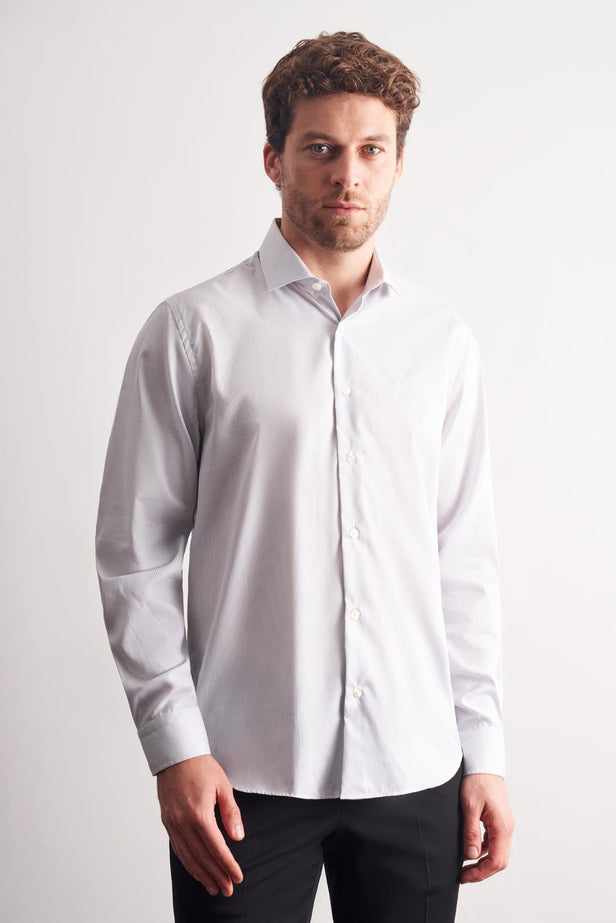 Half Italian Collar Striped Pattern Long Sleeve Premium Slim Fit 100% Cotton Shirt 1004255191