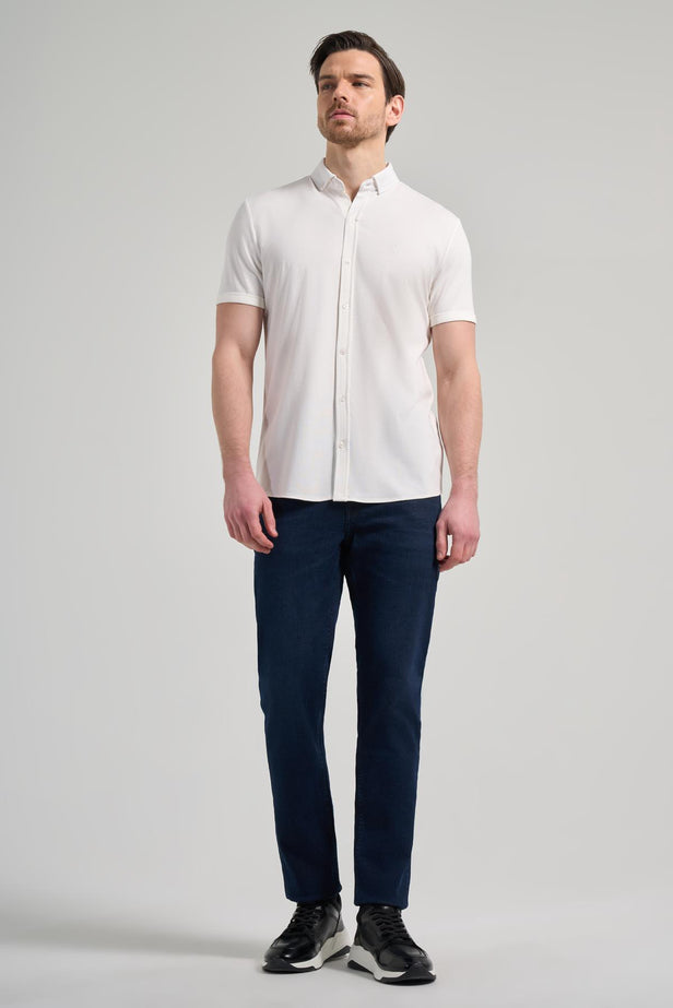 Short Sleeve Plain Knit Italian Collar Pocketless Slim Fit Cotton Shirt 1004250156