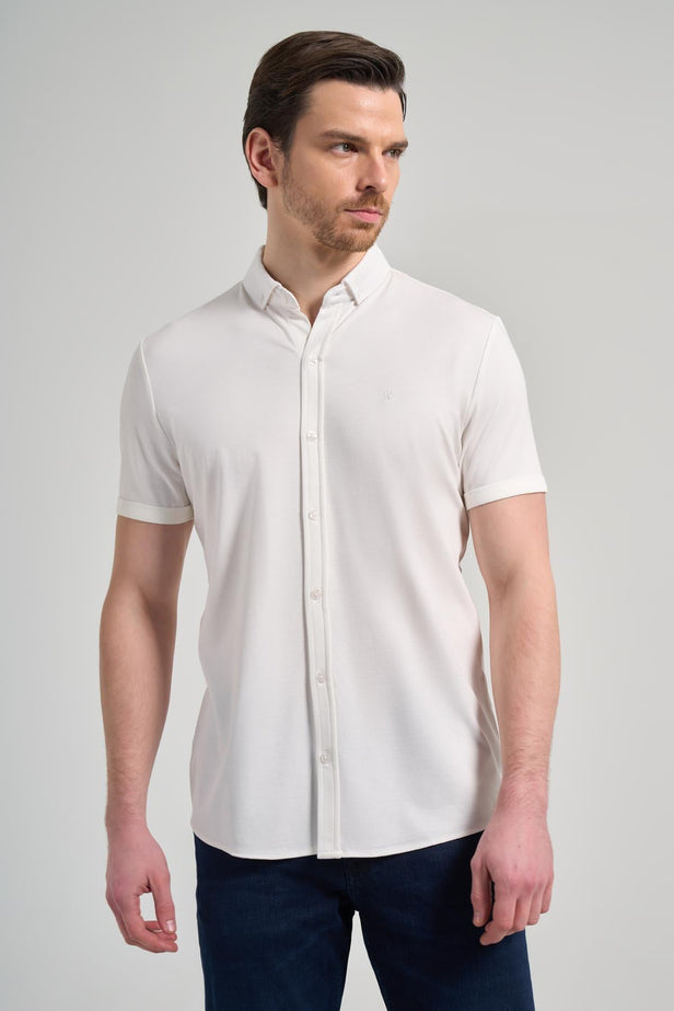 Short Sleeve Plain Knit Italian Collar Pocketless Slim Fit Cotton Shirt 1004250156