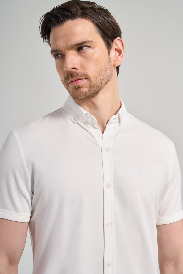 Short Sleeve Plain Knit Italian Collar Pocketless Slim Fit Cotton Shirt 1004250156