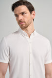 Short Sleeve Plain Knit Italian Collar Pocketless Slim Fit Cotton Shirt 1004250156
