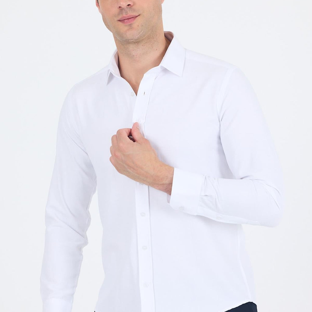 Long Sleeve Hard Collar Pocketless Slim Fit Cotton Shirt 1004240324