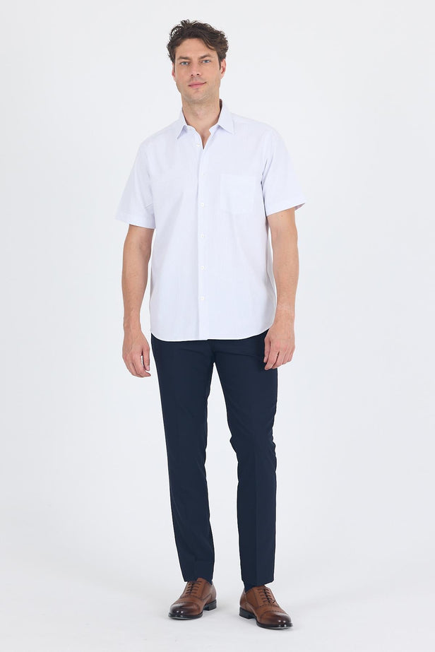White Short Sleeve Self Patterned Hard Collar Pocket Comfort Fit Shirt 1004250262