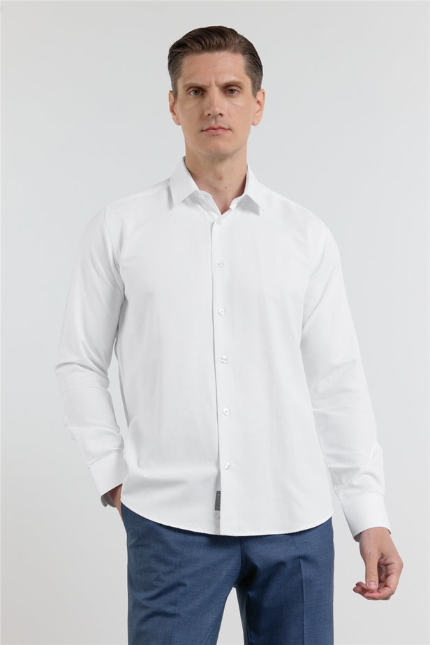 Long Sleeve Hard Collar Pocketless Slim Fit Oxford Shirt 1004255284