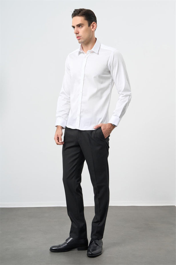 White Long Sleeve Plain Weave Hard Collar Slim Fit Shirt 1004245324
