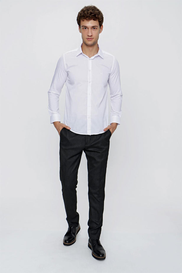 White Long Sleeve Plain Weave Stiff Collar Basic Slim Fit Shirt 1004245057