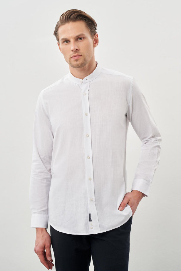 Long Sleeve Plain Weave Stand Collar Pocketless Cotton Casual Slim Fit Shirt 1004245270