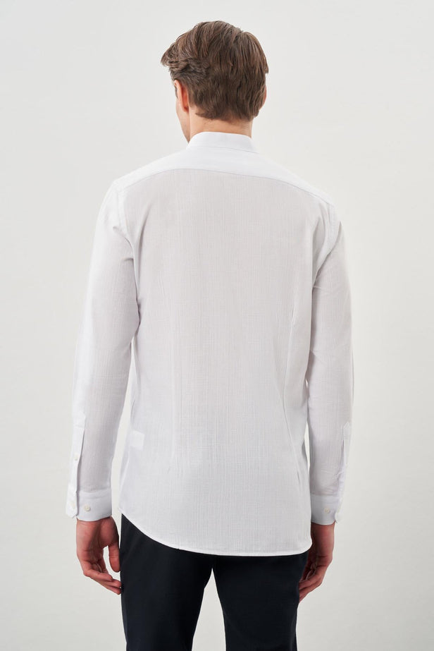 Long Sleeve Plain Weave Stand Collar Pocketless Cotton Casual Slim Fit Shirt 1004245270