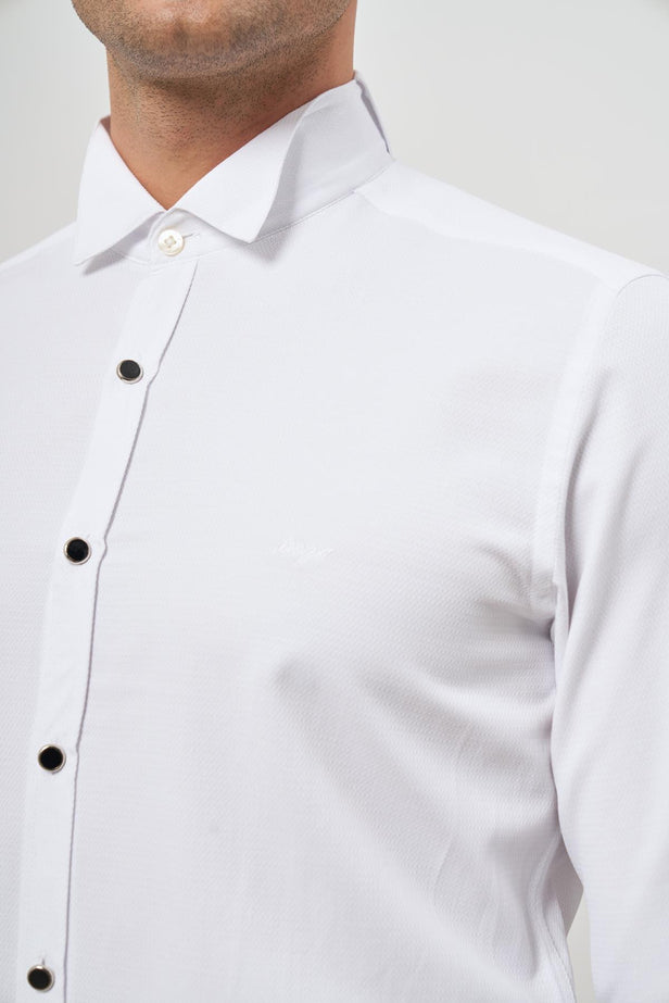 White Long Sleeve Self-Patterned Armured Ata Collar Pocketless Cotton Ceremony Slim Fit Shirt 1004240331