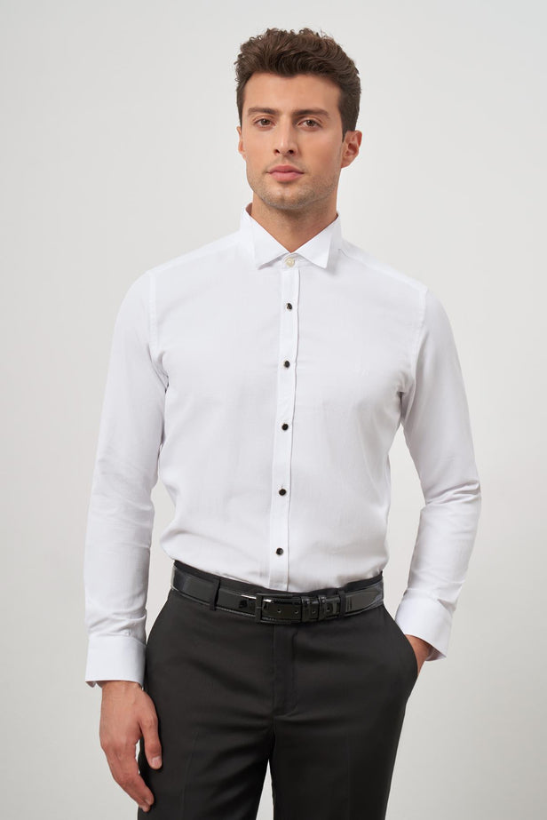 White Long Sleeve Self-Patterned Armured Ata Collar Pocketless Cotton Ceremony Slim Fit Shirt 1004240331