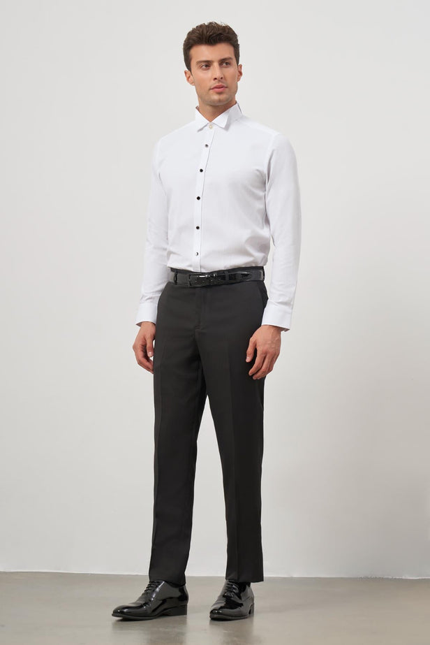 White Long Sleeve Self-Patterned Armured Ata Collar Pocketless Cotton Ceremony Slim Fit Shirt 1004240331