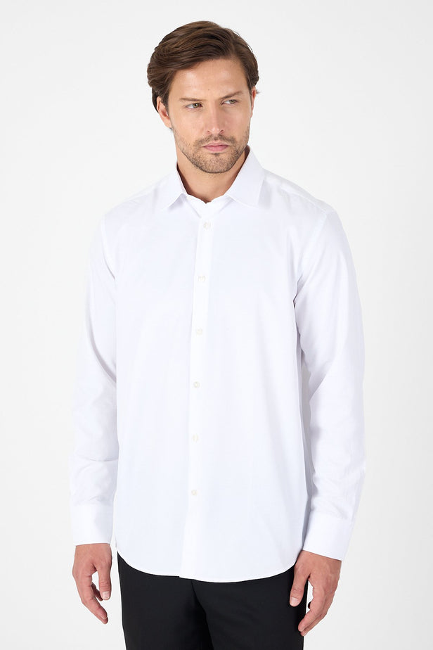Long Sleeve Stiff Collar Pocketless Comfort Fit Cotton Shirt 1004250914