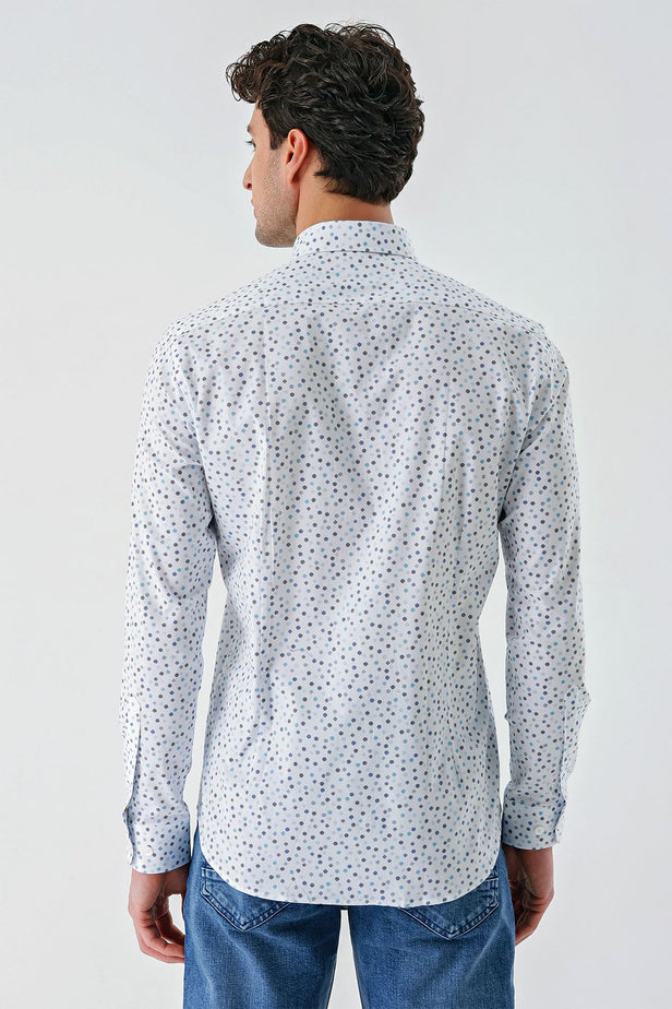White Long Sleeve Printed Detailed Collar Pocketless Slim Fit Shirt 1004240216
