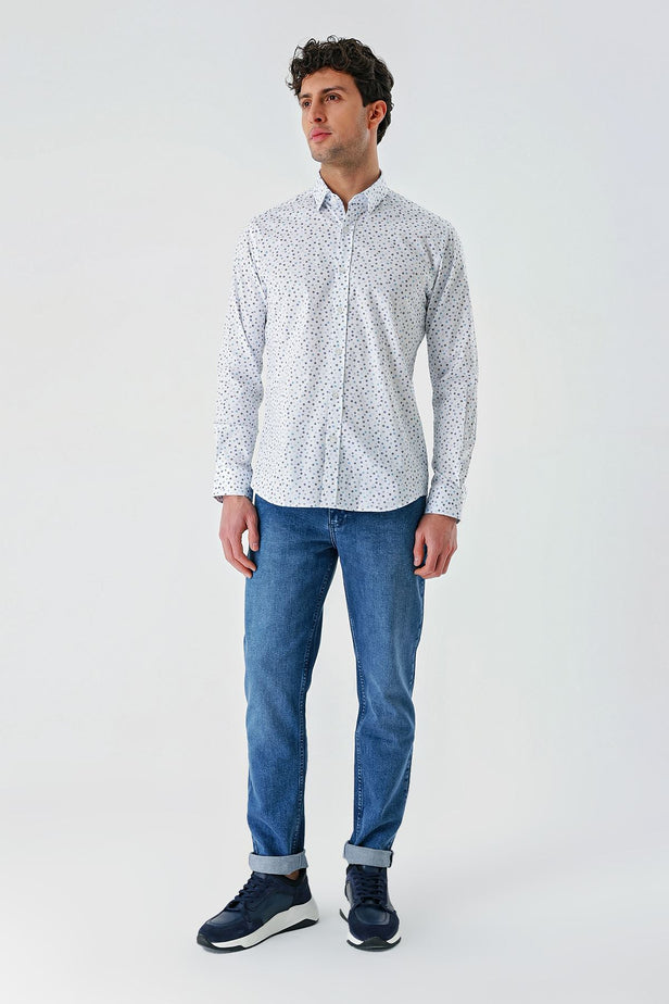 White Long Sleeve Printed Detailed Collar Pocketless Slim Fit Shirt 1004240216