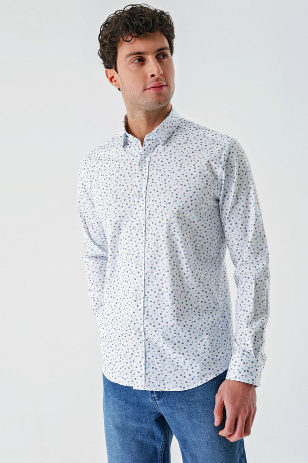 White Long Sleeve Printed Detailed Collar Pocketless Slim Fit Shirt 1004240216