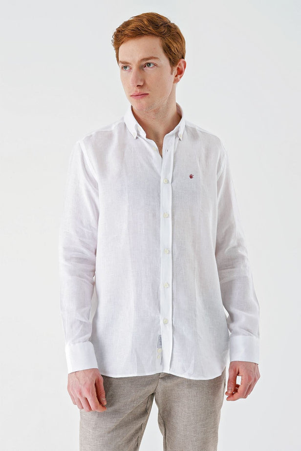 White Long Sleeve Pocketless Linen Comfort Fit Shirt 1004240186