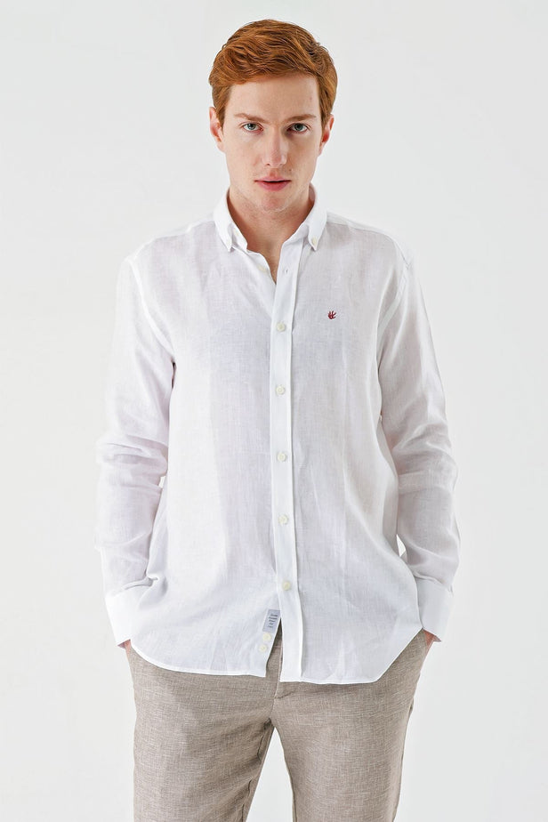 White Long Sleeve Pocketless Linen Comfort Fit Shirt 1004240186