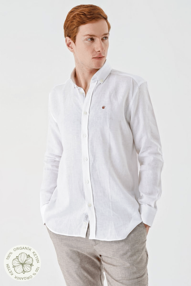 White Long Sleeve Pocketless Linen Comfort Fit Shirt 1004240186