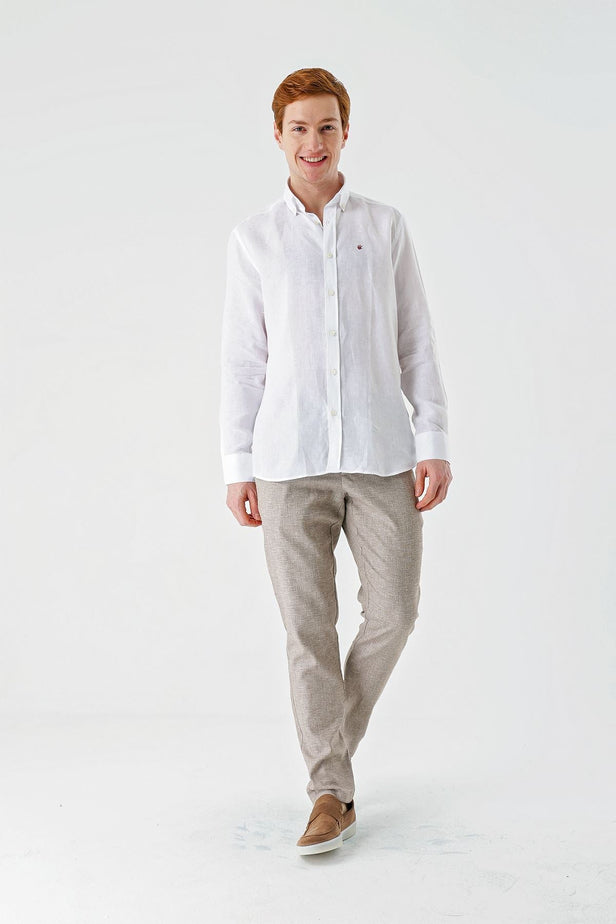 White Long Sleeve Pocketless Linen Comfort Fit Shirt 1004240186