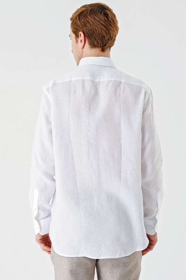 White Long Sleeve Pocketless Linen Comfort Fit Shirt 1004240186