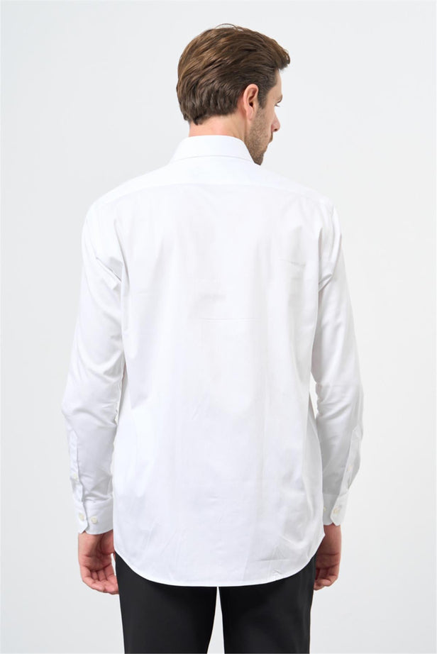 White Long Sleeve Hard Collar Pocket Comfort Fit Cotton Shirt 1004240323