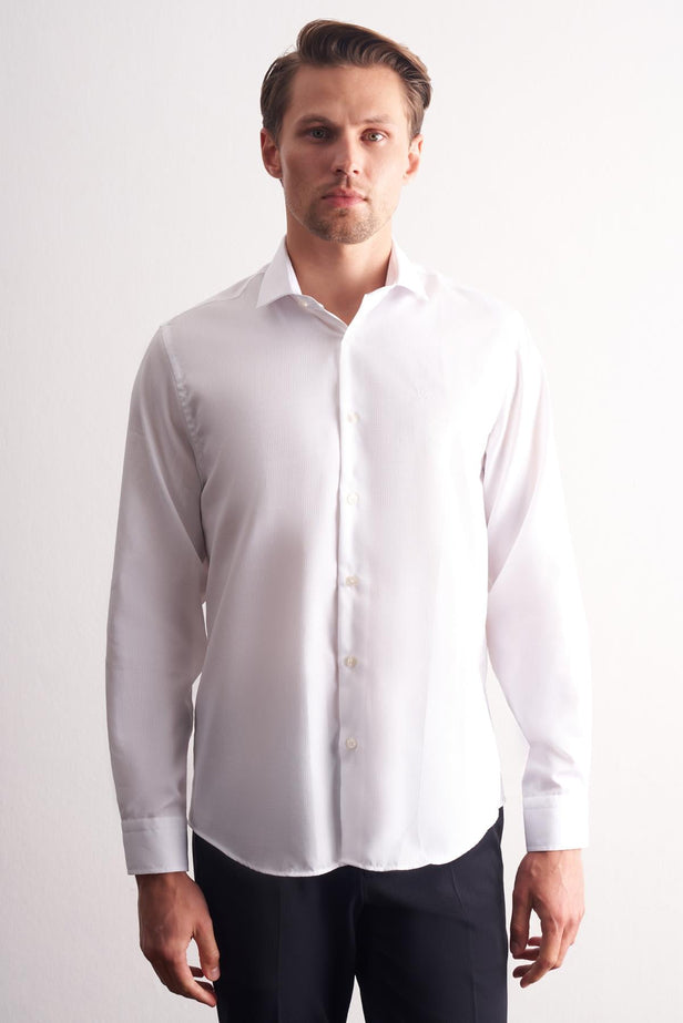 Half Italian Collar Self-Patterned Long Sleeve Premium Slim Fit 100% Cotton Shirt 1004255192