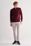 Zippered Stand Collar Long Sleeve Pocketless Comfort Fit Cotton Knitwear 1012255201