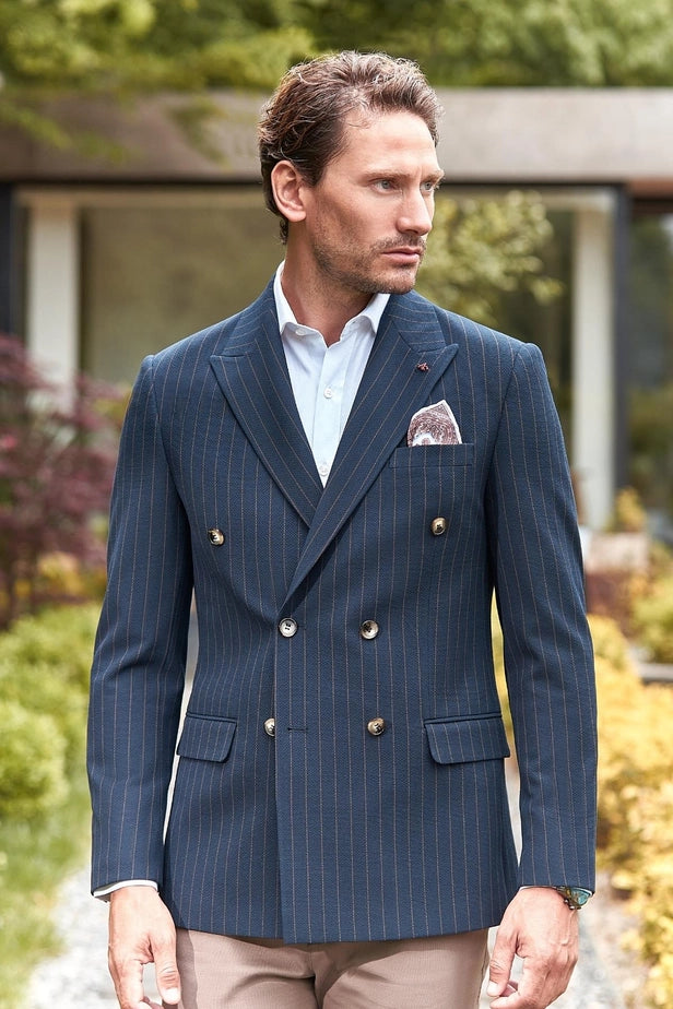 IMZA Men's Striped Double-Breasted Slim Fit Classic Blazer – 1002240159