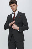 Black Striped Peak Lapel Lined Suit with Vest Slim Fit 1001230160