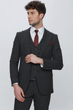 Black Striped Peak Lapel Lined Suit with Vest Slim Fit 1001230160