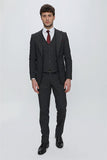 Black Striped Peak Lapel Lined Suit with Vest Slim Fit 1001230160