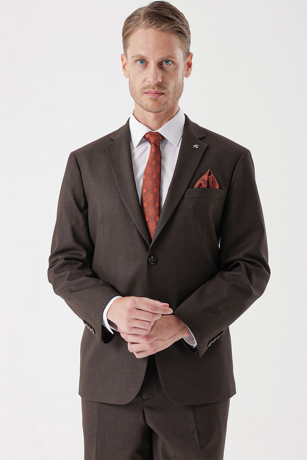 Brown Self-Patterned Armured Notch Lapel 4 Drop Comfort Fit Classic Suit 1001235150