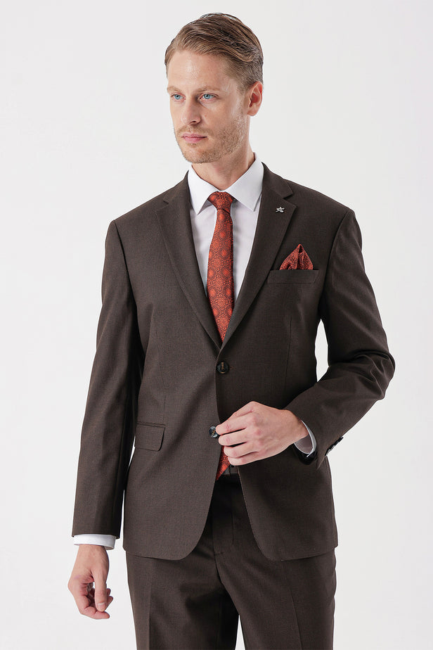 Brown Self-Patterned Armured Notch Lapel 4 Drop Comfort Fit Classic Suit 1001235150